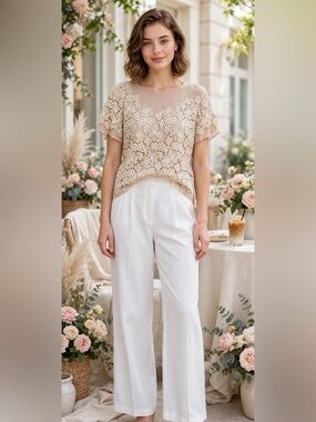 sundance boutique cream beige floral lace overlay short sleeve top
